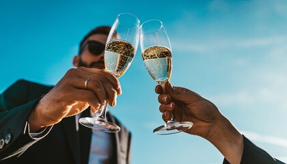 Man and Woman Clinking Champagne Glasses Celebrating Outdoors on Sunny Day