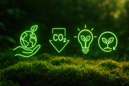 Neon Green Icons for Environmentalism on Mossy Forest Floor sustainability ecology