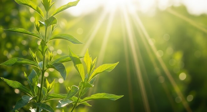 Dew Drops On Green Leaves Illuminated By Golden Sun Rays In A Lush Field