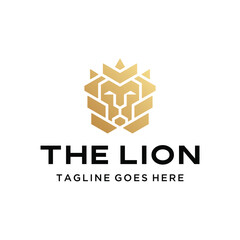 Elegant Geometric Golden Lion head with abstract polygonal king symbol for strength leadership luxury logo design