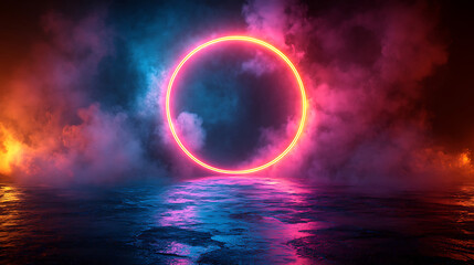 Vibrant neon circle glowing in smoky atmospheric landscape glowing vaporwave circular portal with reflections and ethereal mist futuristic scifi design element