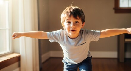 Happy boy plays cheerfully at home in the sunlight, expressing joy and freedom, a symbolic image for childhood development or autism awareness.