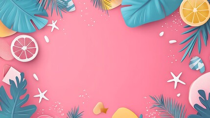 Vibrant pink summer background featuring tropical leaves citrus fruits and starfish for festive design