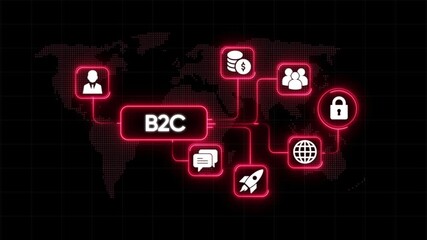 B2 C business model digital network connections global market icons glowing neon on dark world map background concept for online commerce strategy growth and customer relations - Powered by Adobe