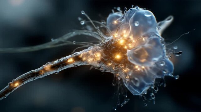 Abstract digital neuron with glowing energy and water droplets