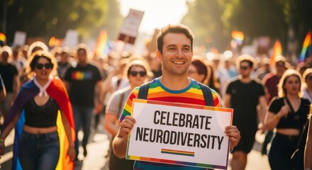 Smiling man with a rainbow shirt holding a celebrate neurodiversity sign in a crowd at a parade. Support for autism awareness.