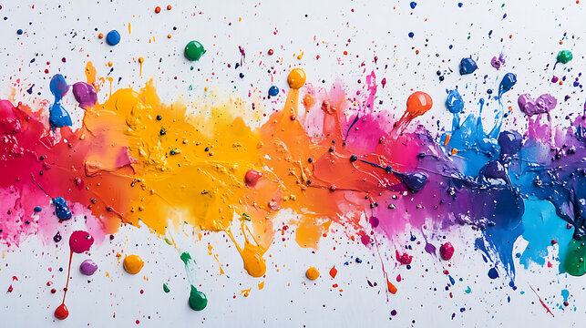 Vibrant rainbow paint splatter on white backdrop creates artistic background texture