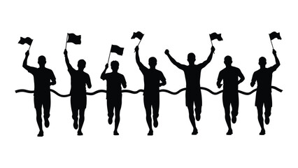 Runners crossing finish line silhouette isolated on white background, Vector