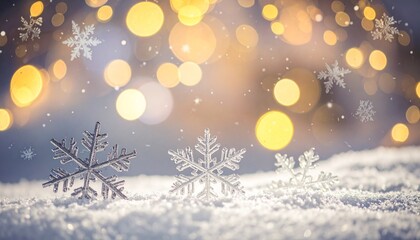 Delicate snowflakes resting on a soft snow surface illuminated by warm golden bokeh lights. A dreamy winter composition blending sparkle and serenity for holiday visuals.