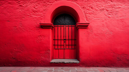 Vibrant red building facade with arched doorway and ornate iron grillwork in antigua guatemala