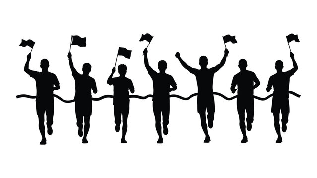Runners crossing finish line silhouette isolated on white background, Vector