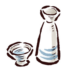 徳利とお猪口　日本酒など　筆タッチ手描きイラスト