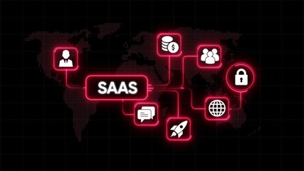 Saa S business model global network connections digital transformation cloud computing services technology icons with world map background neon glow - Powered by Adobe