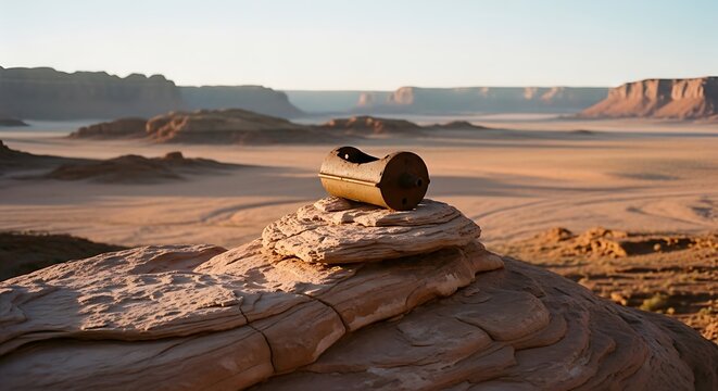 Petrified Wood Log on Rock Formation in Arid Desert Landscape at Sunrise.