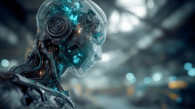 A futuristic humanoid robot with intricate circuitry and glowing blue elements, set in a high-tech environment.