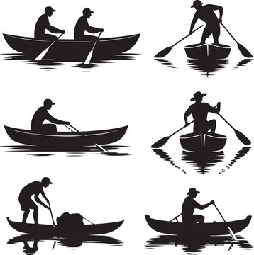 Silhouette Vector Set of People Rowing Boats on Water Surface