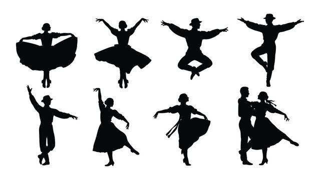 Traditional folk dance silhouettes isolated on white background, Vector