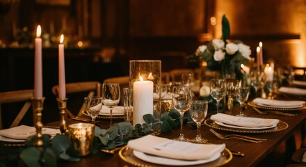 Elegant Table Setting With Candles Flowers And Gold Accents For A Formal Dinner Event