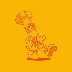 Groovy screw bolt character in retro cartoon with happy face. Mascot, vector, icon, collection, sticker, vintage, illustration, set, funny, logo, comic, editable, 70's, worker tools, hand tools