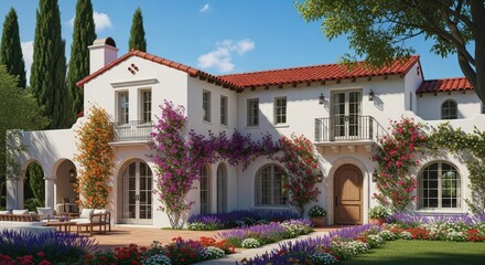 Elegant Spanish Mediterranean Villa Estate with Red Tile Roof and Lush Gardens Under Blue Sky