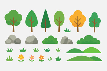 Flat Nature Landscape Elements Set with Trees, Bushes, Rocks, Grass, and Flowers in Simple Minimalist Design for Outdoor Scene and Environment Illustration