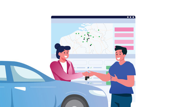 Concept of car rental service via smartphone. Female employee handing over keys to male customer. Online car rent service flat design concept vector illustration.
