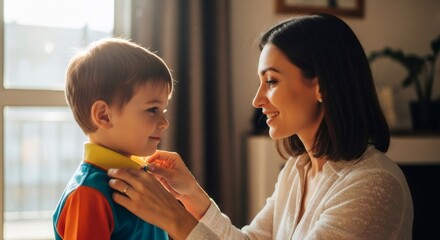 Woman dressing boy. Mom helping child with autism to get dressed. Support and care for special needs kid with developmental disorder.