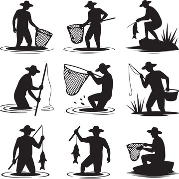 Silhouetted Fisherman Icons in Water Catching Fish with Net and Rod