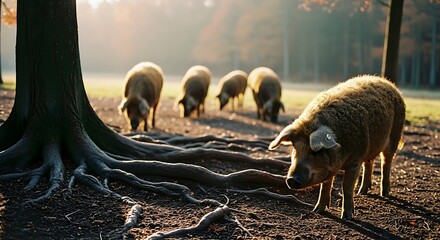 Pigs foraging in a sun-dappled forest, roots and morning light.