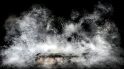Moody black background covered in mist with faint ghost traces over blurred tombstone
