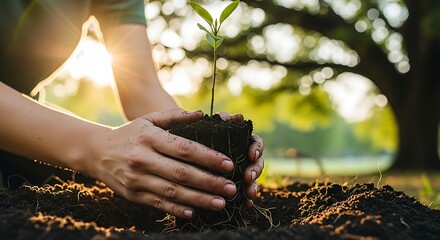 Planting a seedling in soil, nurturing new life, environmental care.