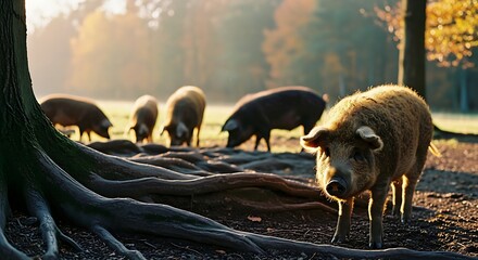 Pigs Grazing in a Forest Clearing During Golden Hour Sunlight.