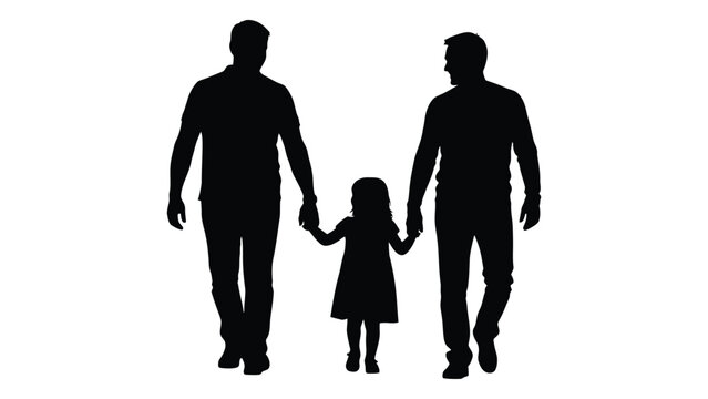 Two dads and daughter walking silhouette isolated on white background, Vector