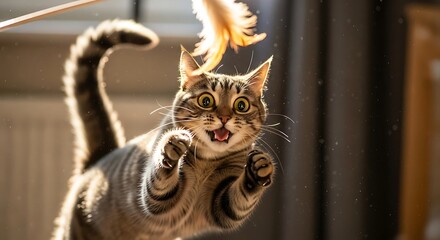 Playful tabby cat jumps high for a feather toy in the sunlight.