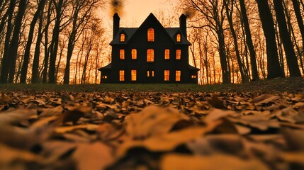 Deep orange background featuring haunted house silhouette with scattered dried leaves on ground