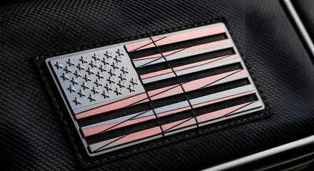 A close-up view of a metallic American flag emblem, detailed and textured.