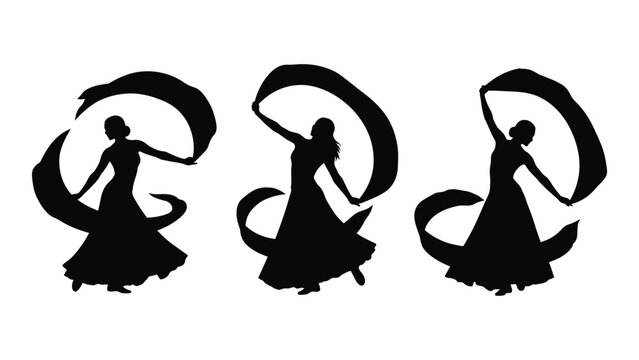 Graceful ribbon dancer silhouettes isolated on white background, Vector