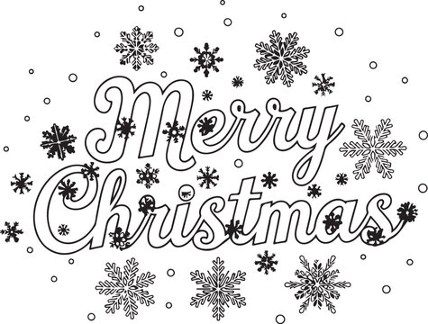 Minimalist &ldquo;Merry Christmas&rdquo; lettering outline icon with editable stroke. Featuring festive script font surrounded by snowflakes and dots. Thin linear illustration.