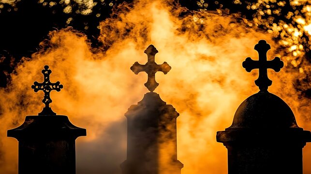 Dark shiny background with faint tombstone silhouette and rising ghostly mist in focus