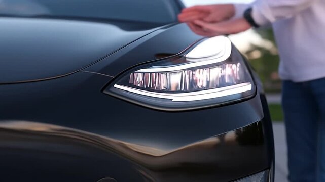 Modern electric car headlight with illuminated led design and human interaction automotive technology