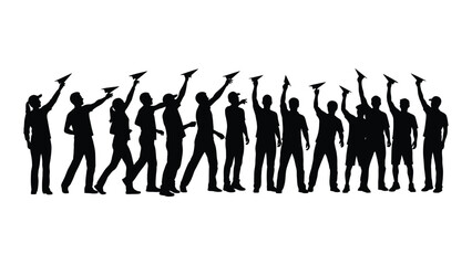 Silhouettes of people launching paper airplanes isolated on white background, Vector