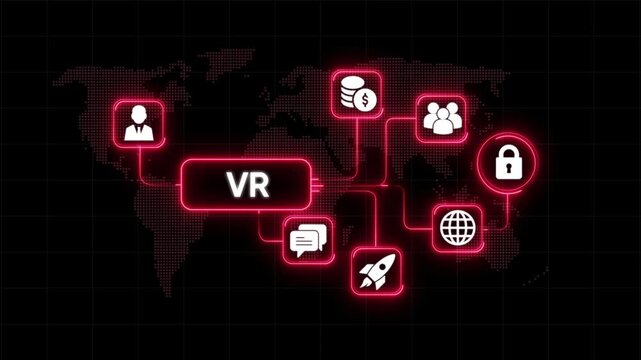 Virtual reality V R technology network connections global business icons showing finance people communication security and startup growth on digital world map background with neon glow