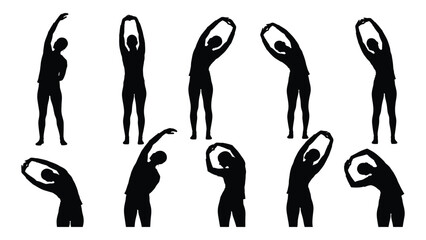 Stretching exercise silhouettes set isolated on white background, Vector