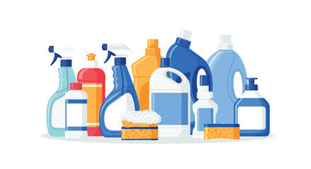 A colorful assortment of essential household cleaning products, including spray bottles, detergents, liquid cleaners, and sponges, for domestic hygiene.