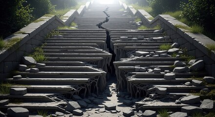 Majestic ancient stone staircase fractured by a deep chasm, overgrown with moss and grass, leading to bright ethereal light