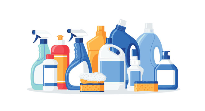 A colorful assortment of essential household cleaning products, including spray bottles, detergents, liquid cleaners, and sponges, for domestic hygiene.