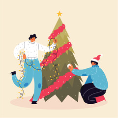 Friends Decorating Christmas Tree with Lights and Holiday Spirit