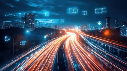 Obraz premium night city highway with data flow overlay