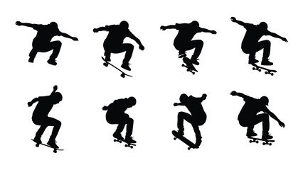 Skateboarder silhouettes performing tricks isolated on white background, Vector