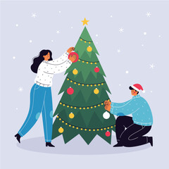Couple Decorating Christmas Tree Together in Festive Winter Season